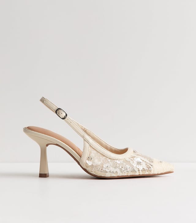 New Look Women's White Sequinned Floral Lace Slingback Court Shoes Vegan New Look - 2