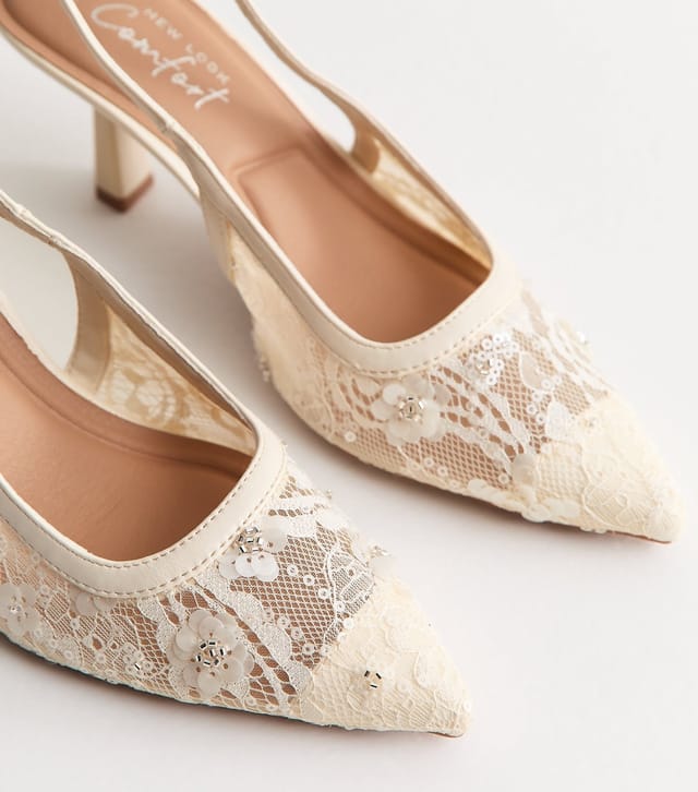 New Look Women's White Sequinned Floral Lace Slingback Court Shoes Vegan New Look - 3