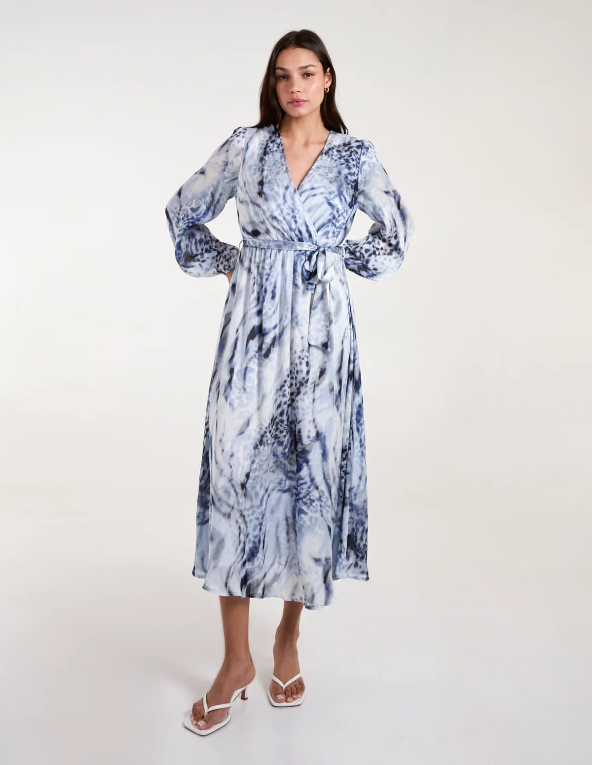 Blue Vanilla Watercolour Wrap Front Belted Midi Dress
