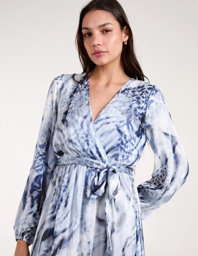 Blue Vanilla Watercolour Wrap Front Belted Midi Dress - 2