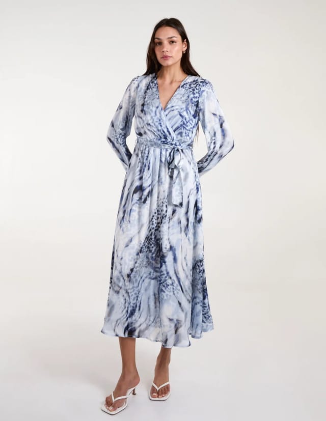 Blue Vanilla Watercolour Wrap Front Belted Midi Dress - 3
