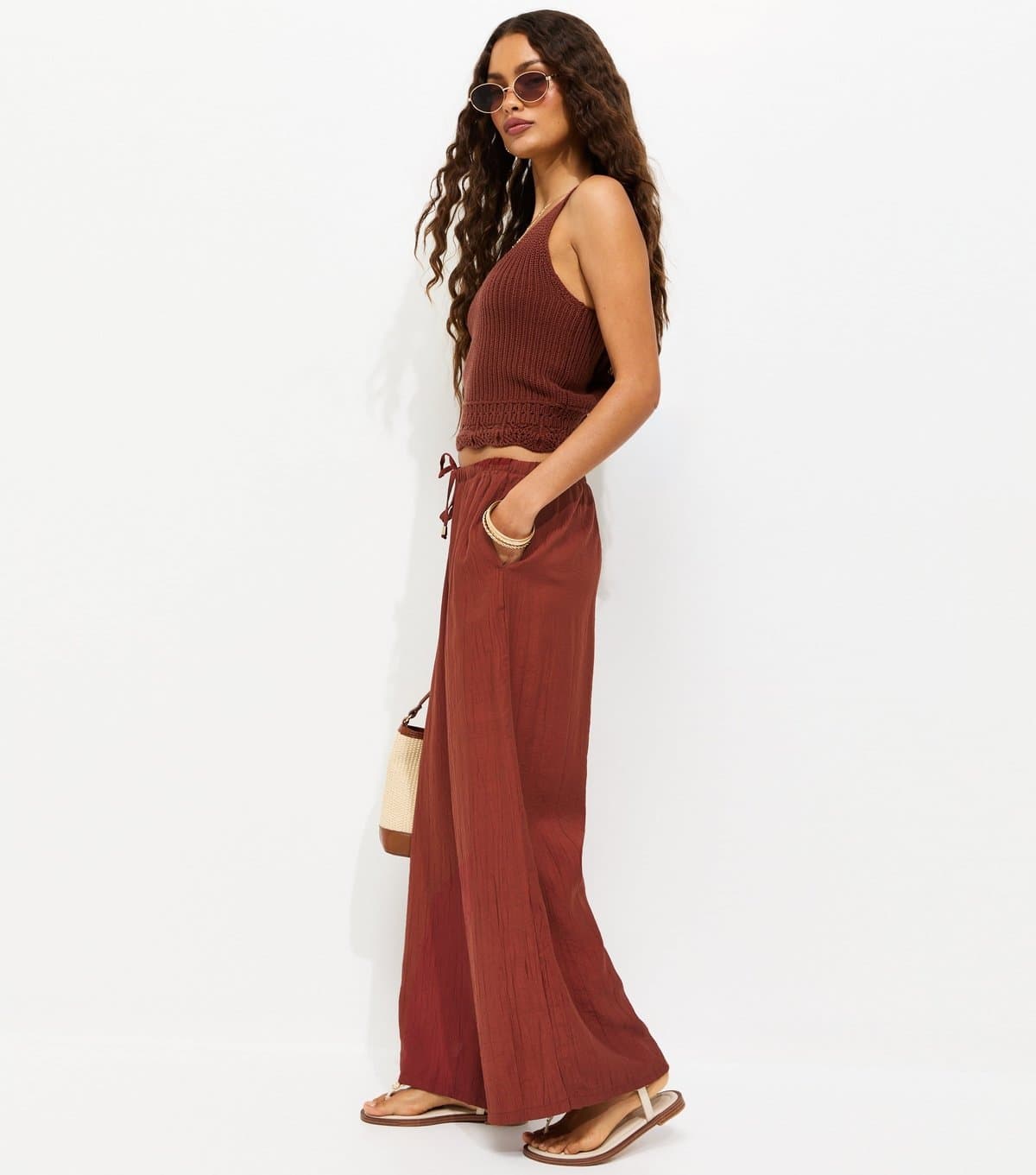 New Look Women's Petite Dark Red Crinkle Texture Wide Leg Trousers New Look