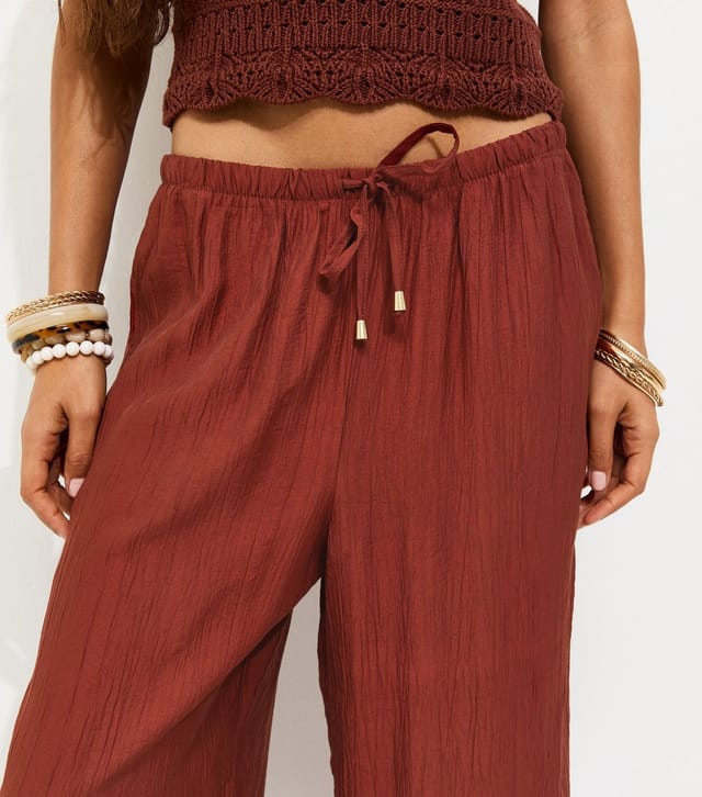 New Look Women's Petite Dark Red Crinkle Texture Wide Leg Trousers New Look - 2
