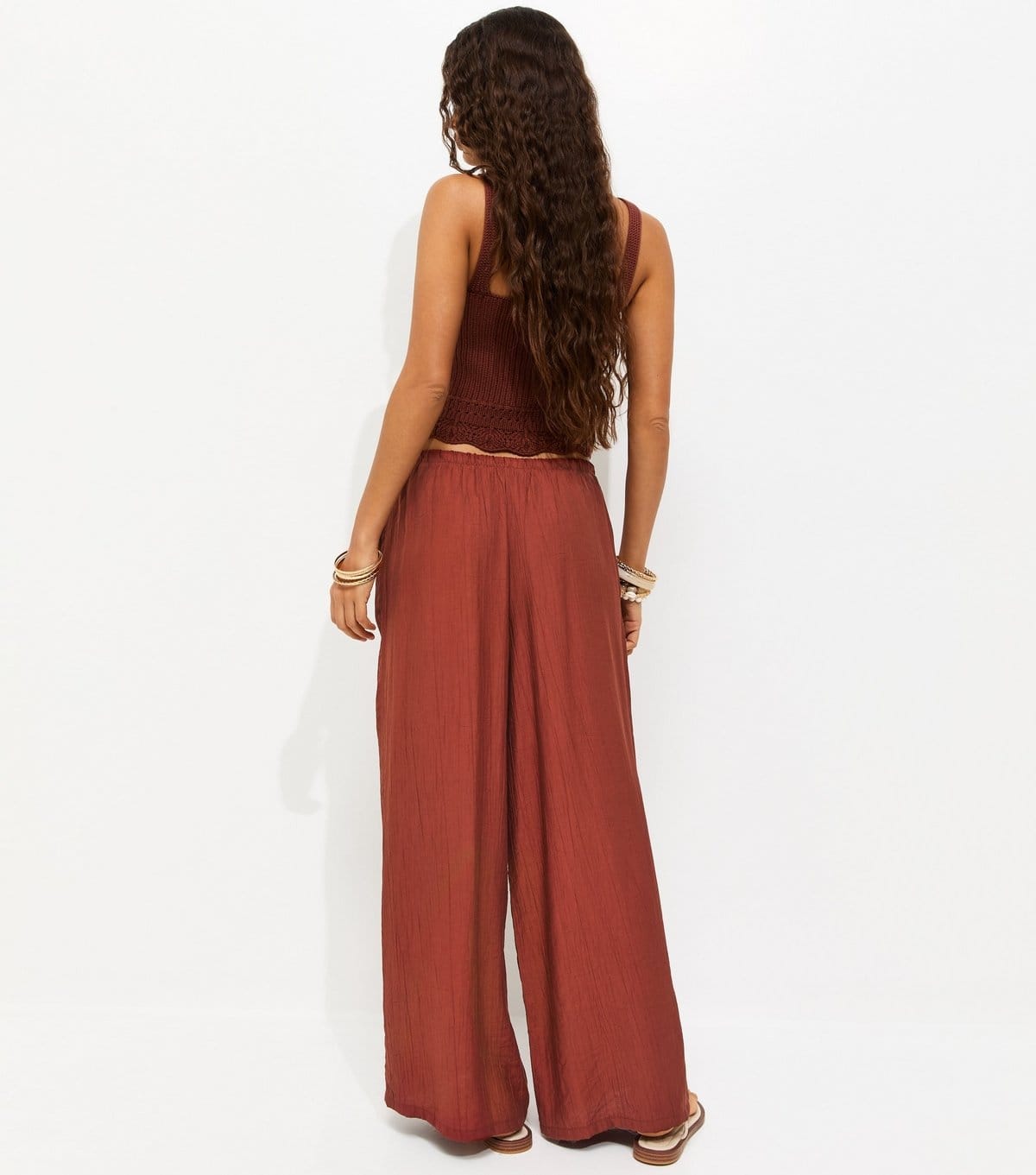New Look Women's Petite Dark Red Crinkle Texture Wide Leg Trousers New Look - 4