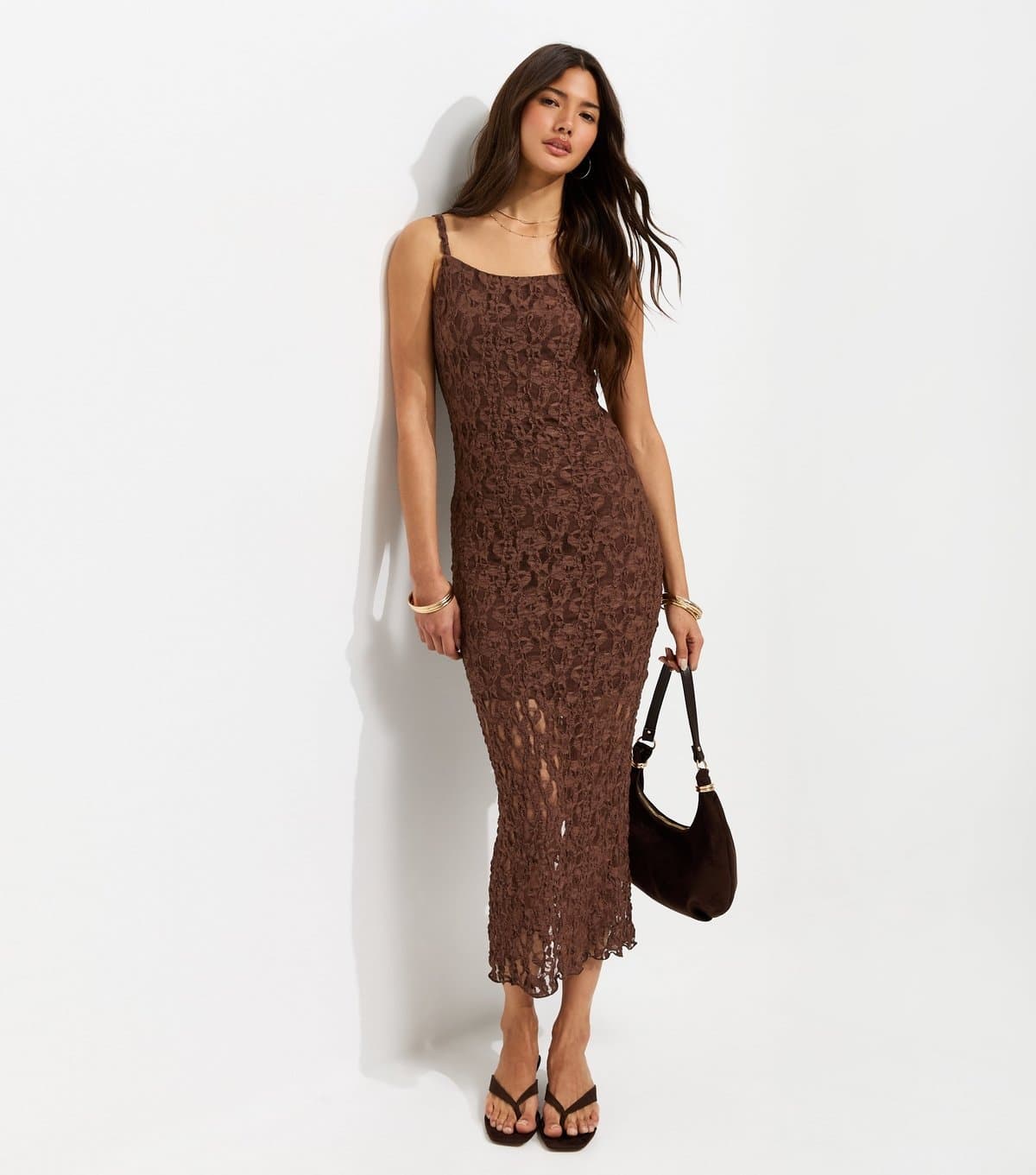 New Look Women's Dark Brown Floral Lace Strappy Midi Dress New Look