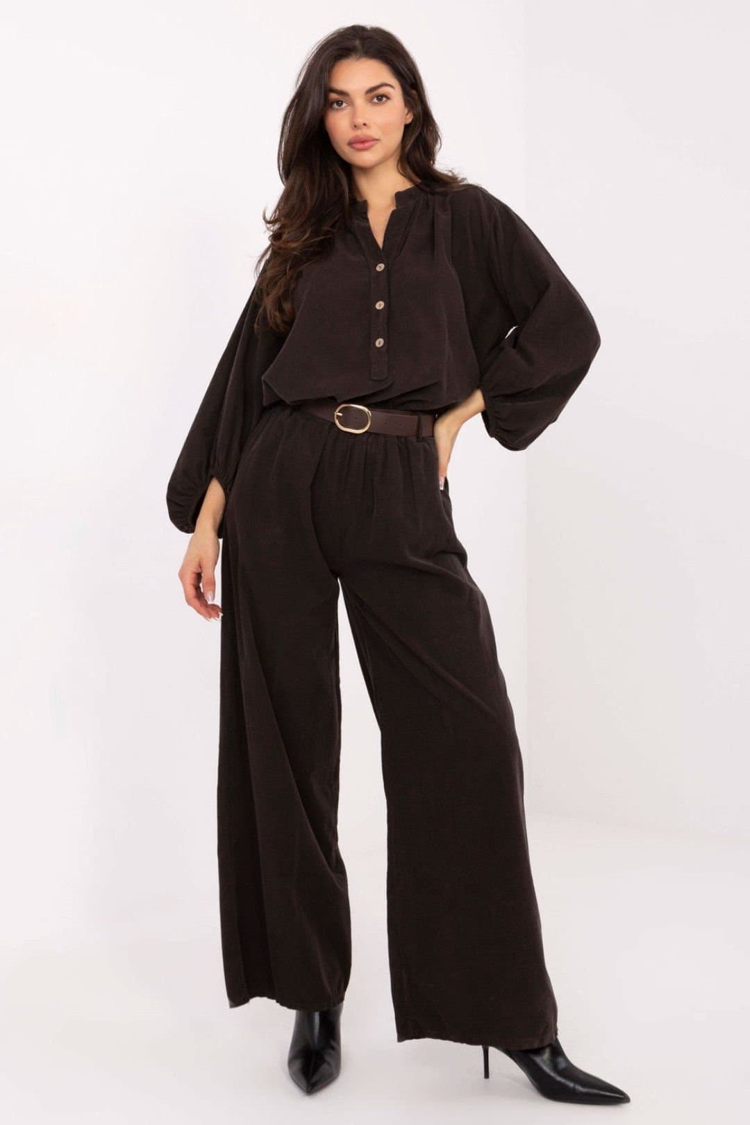 Love Lace Love Lace Women's Soft Corduroy High Waist Wide Leg Belt Pants in Brown
