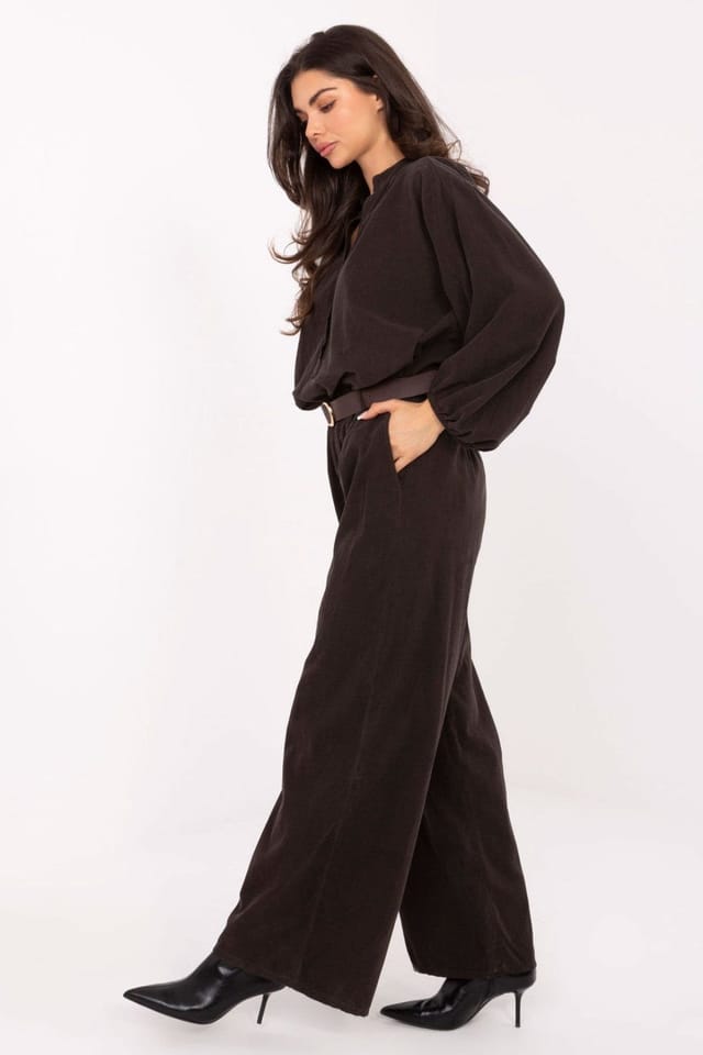 Love Lace Love Lace Women's Soft Corduroy High Waist Wide Leg Belt Pants in Brown - 2