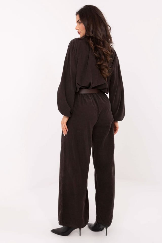 Love Lace Love Lace Women's Soft Corduroy High Waist Wide Leg Belt Pants in Brown - 3