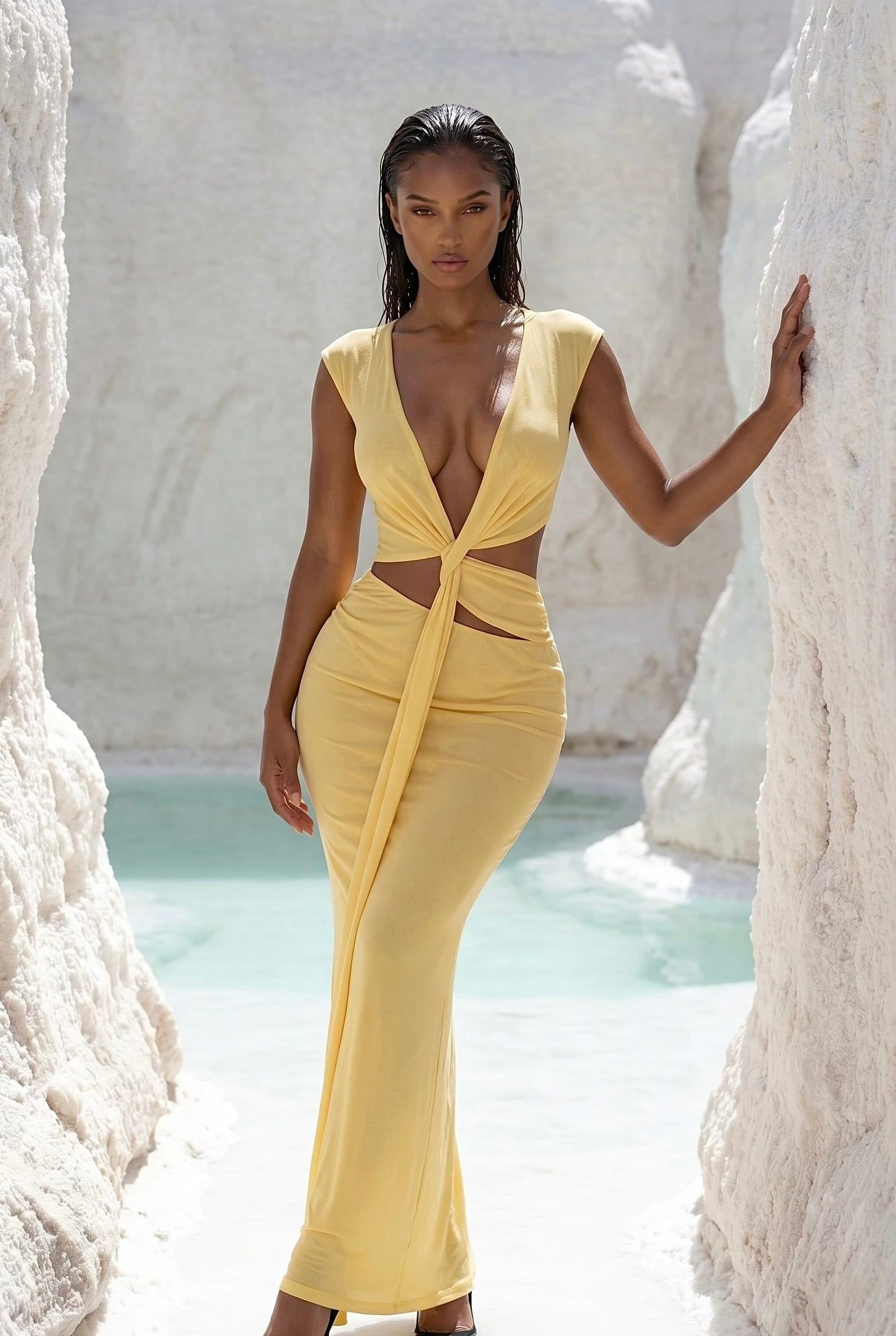 LEMONLUNAR LEMONLUNAR Women's The Elara Mesh Maxi Dress in Yellow - 4