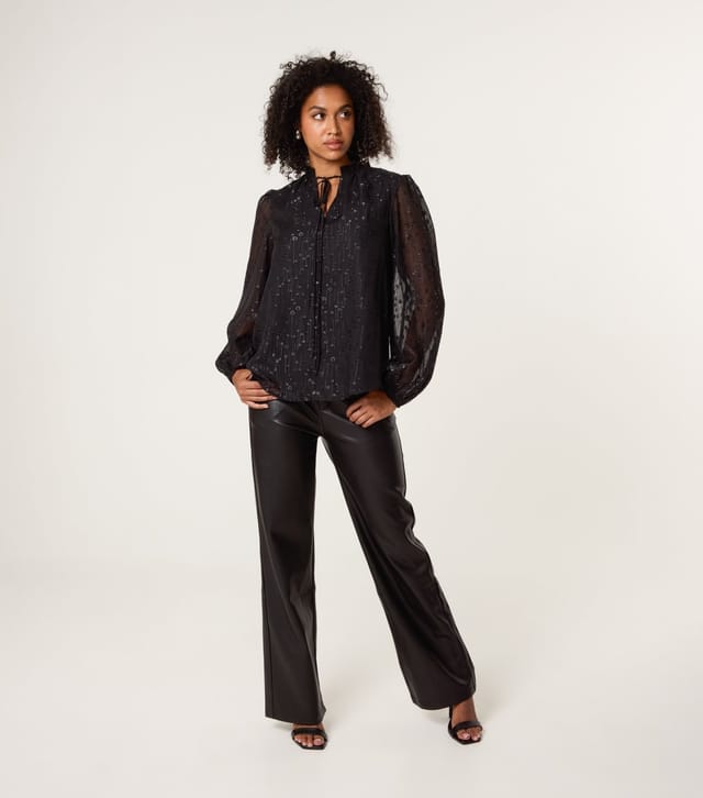 Blue Vanilla Women's Black Sheer Patterned Tie Neck Blouse Blue Vanilla New Look - 2