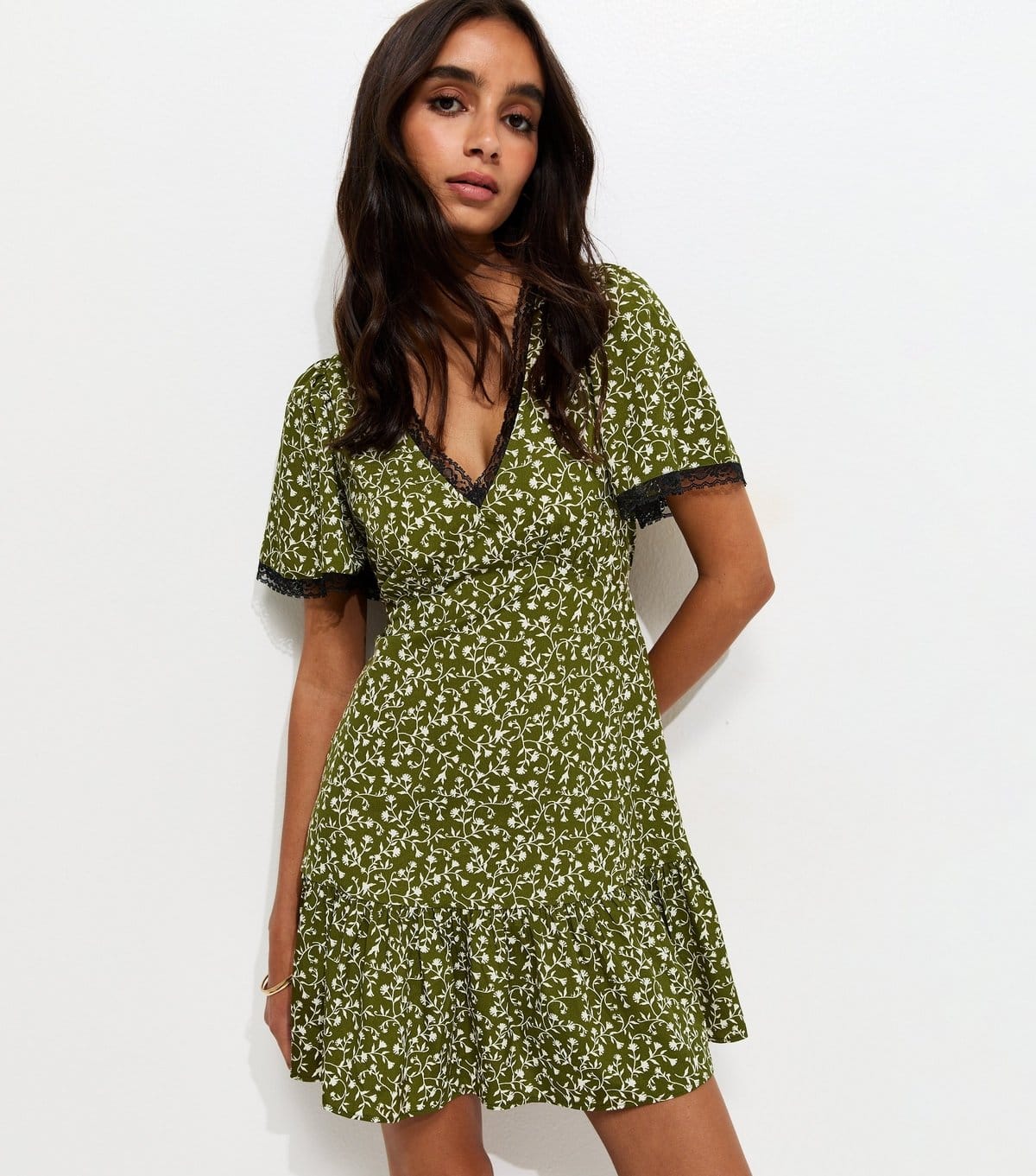 New Look Green Ditsy Floral Lace Trim Mini Tea Dress