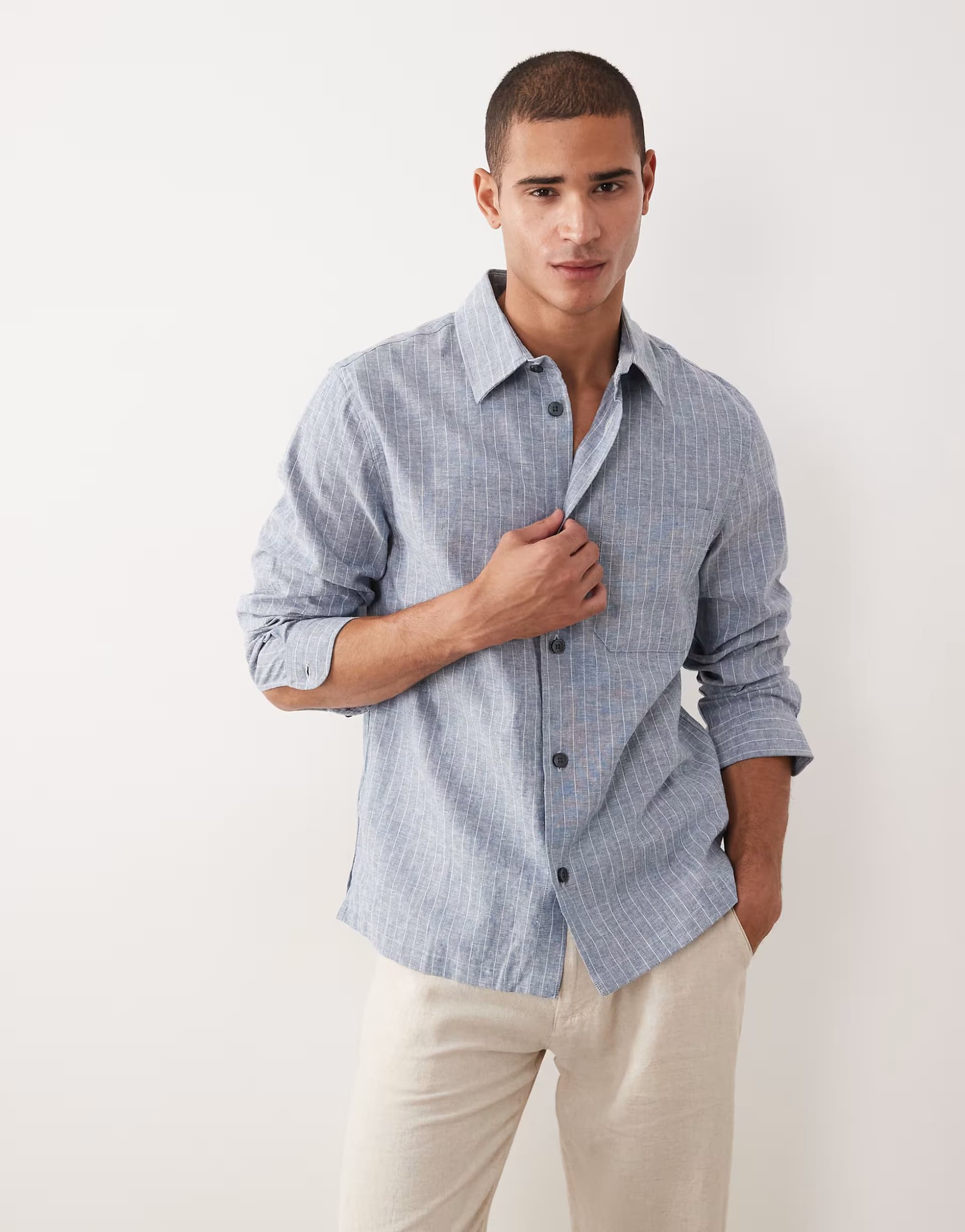 ASOS Mango linen mix long sleeve stripes shirt in navy