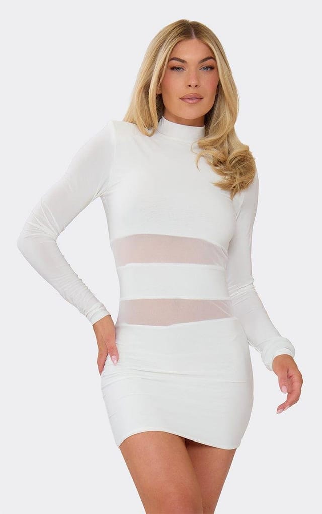 EGO High Neck Shoulder Pad Mesh Panel Mini Dress In White, Women's Size UK 6 - 2