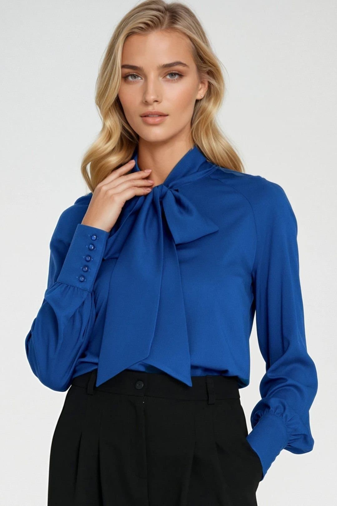 Love Lace Love Lace Women's Viscose long sleeve tie neck blouse in Blue