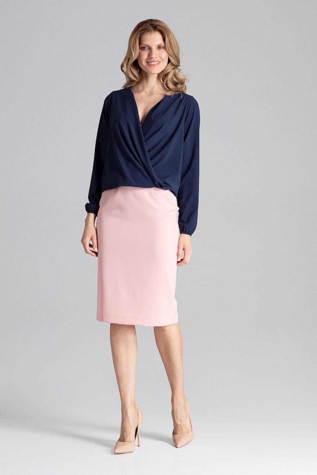 Love Lace Love Lace Blue Envelope Neck Blouse with Elastic Cuffs