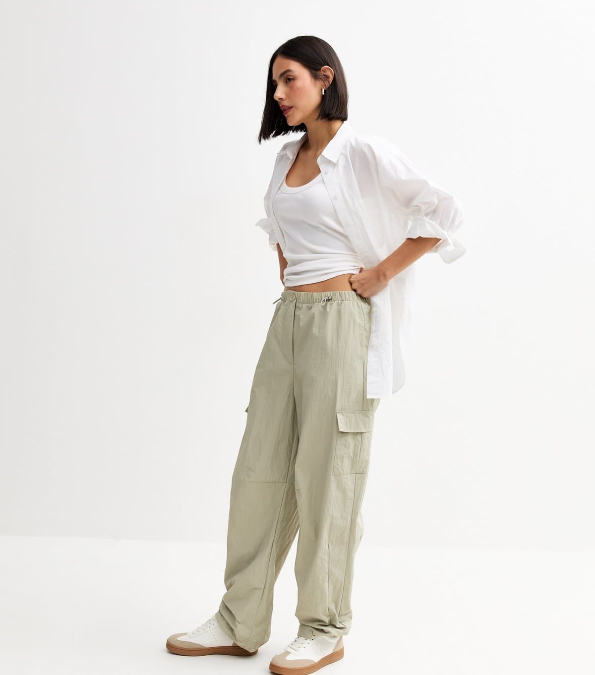 New Look New Look Light Green Crinkle Texture Cargo Trousers