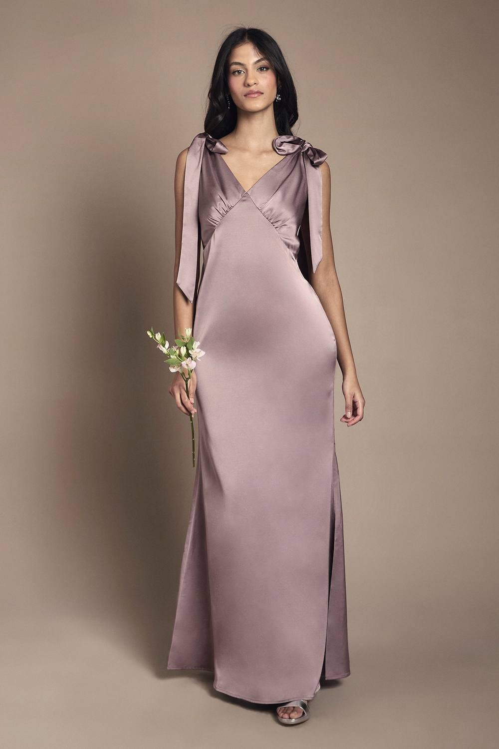 Coast Coast Women's Honoured Petite Satin Back Crepe V Neck Tie Shoulder Maxi Bridesmaid Dress in Dusty Mauve - 2