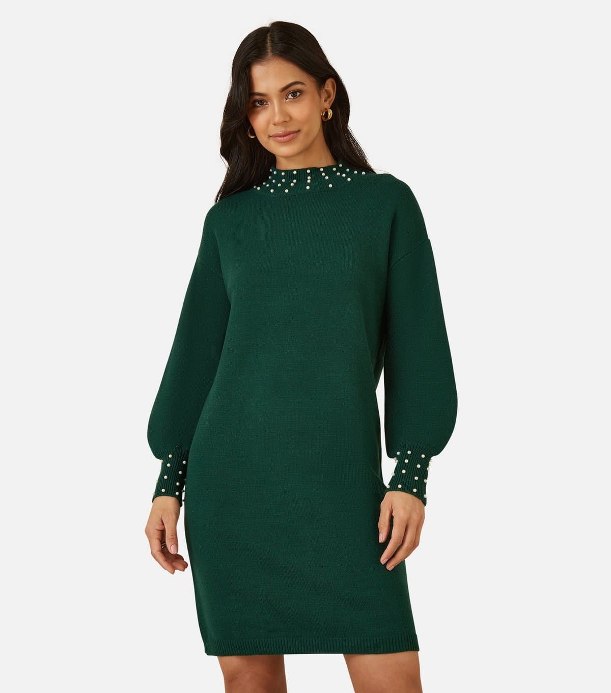 Yumi Women's Green Faux Pearl Necklace Knit Dress Yumi New Look
