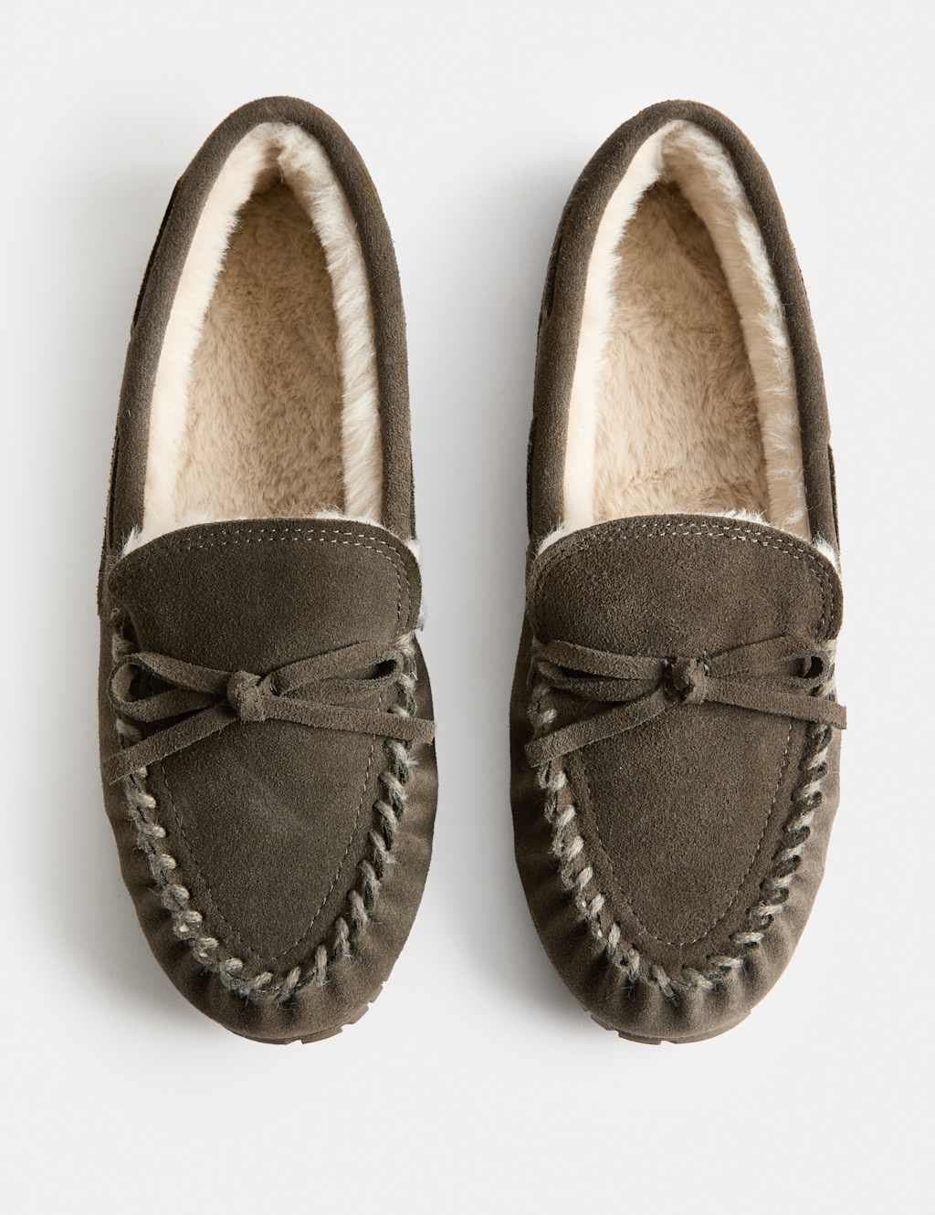 Marks & Spencer M&S Suede Faux Fur Lined Moccasin Slippers Grey