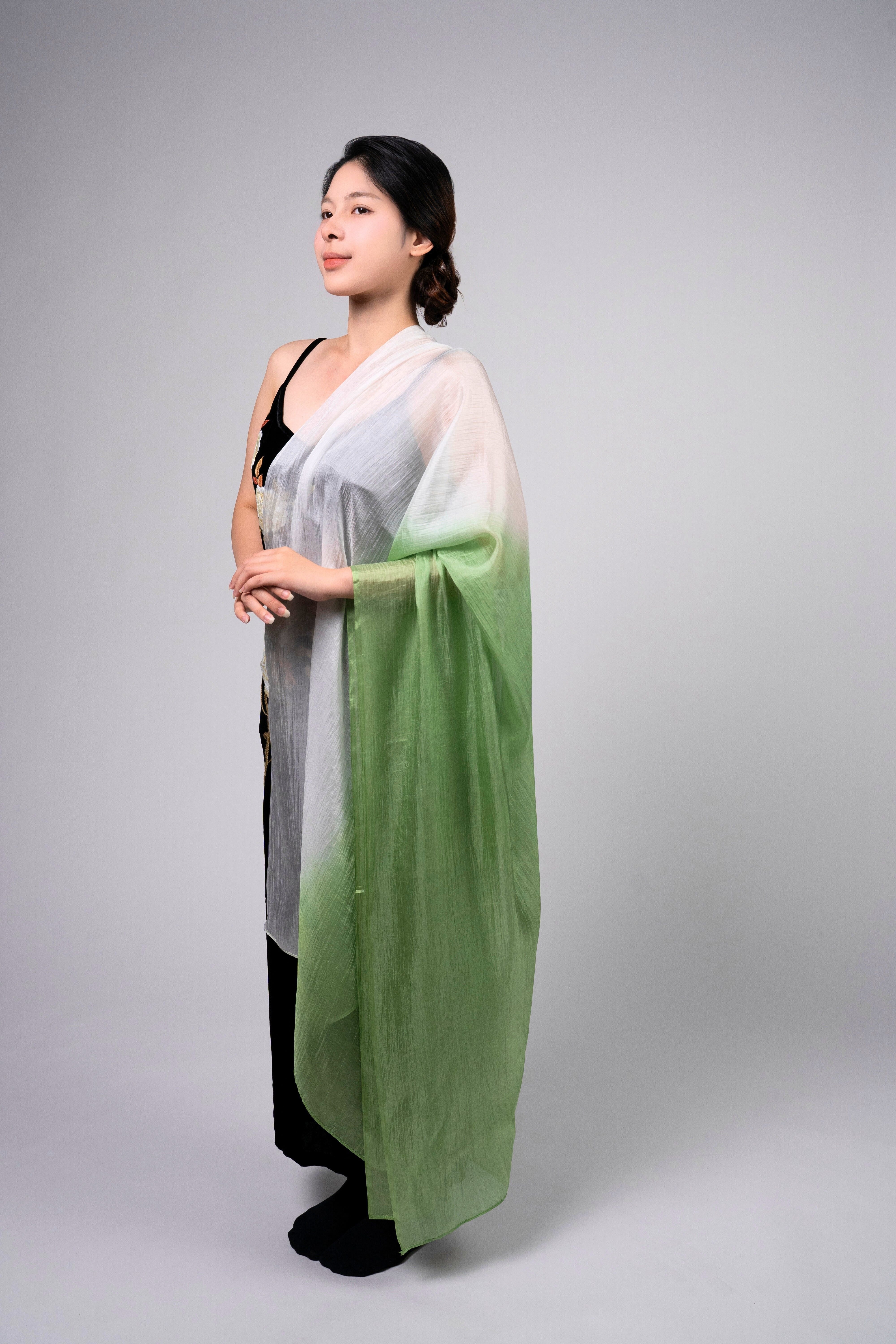 Silk and Bears Silk and Bears Women's Hand-Dyed Mulberry Silk Scarf - Sage Green to Pearl White Ombre in Pale Green - 2