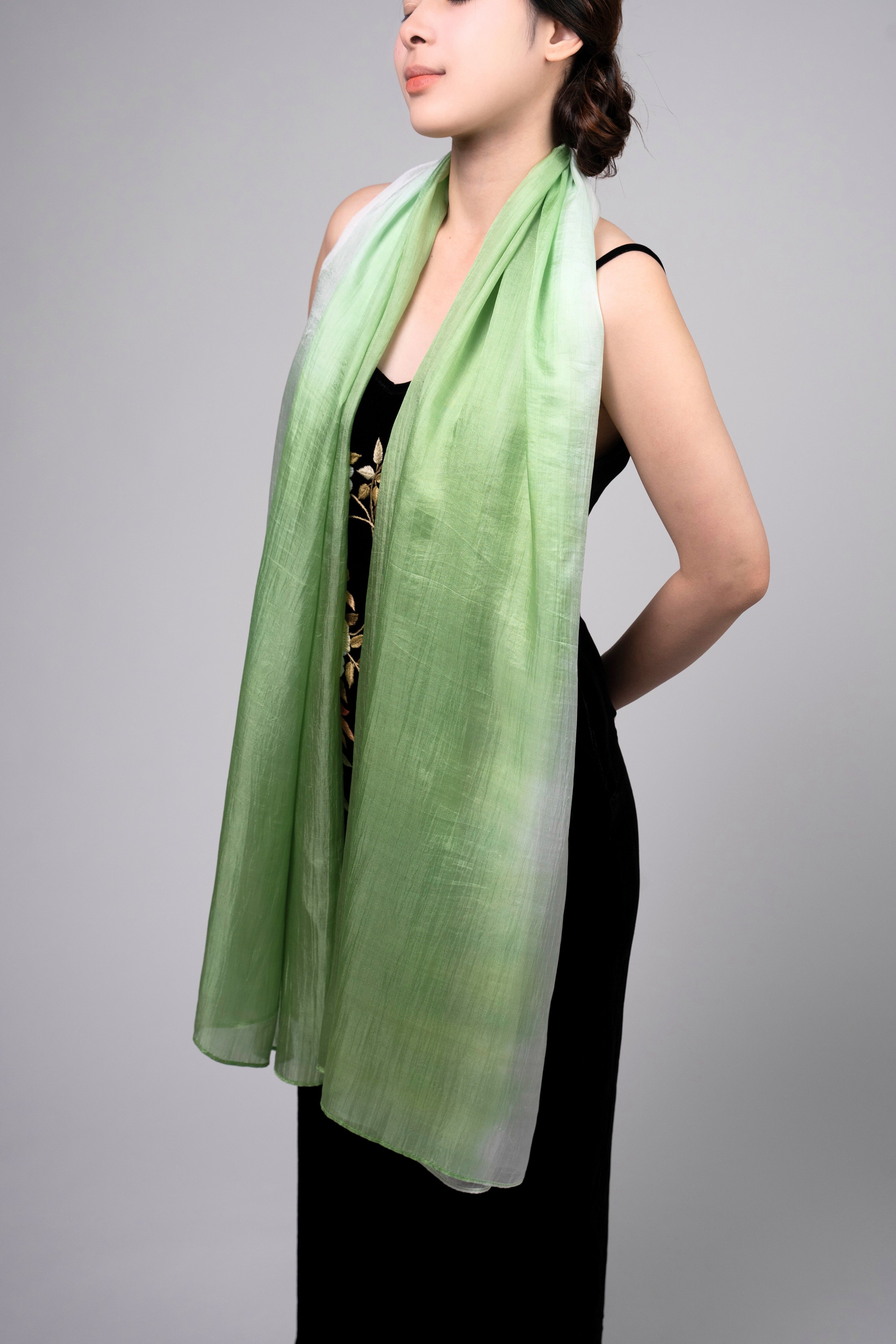 Silk and Bears Silk and Bears Women's Hand-Dyed Mulberry Silk Scarf - Sage Green to Pearl White Ombre in Pale Green - 3