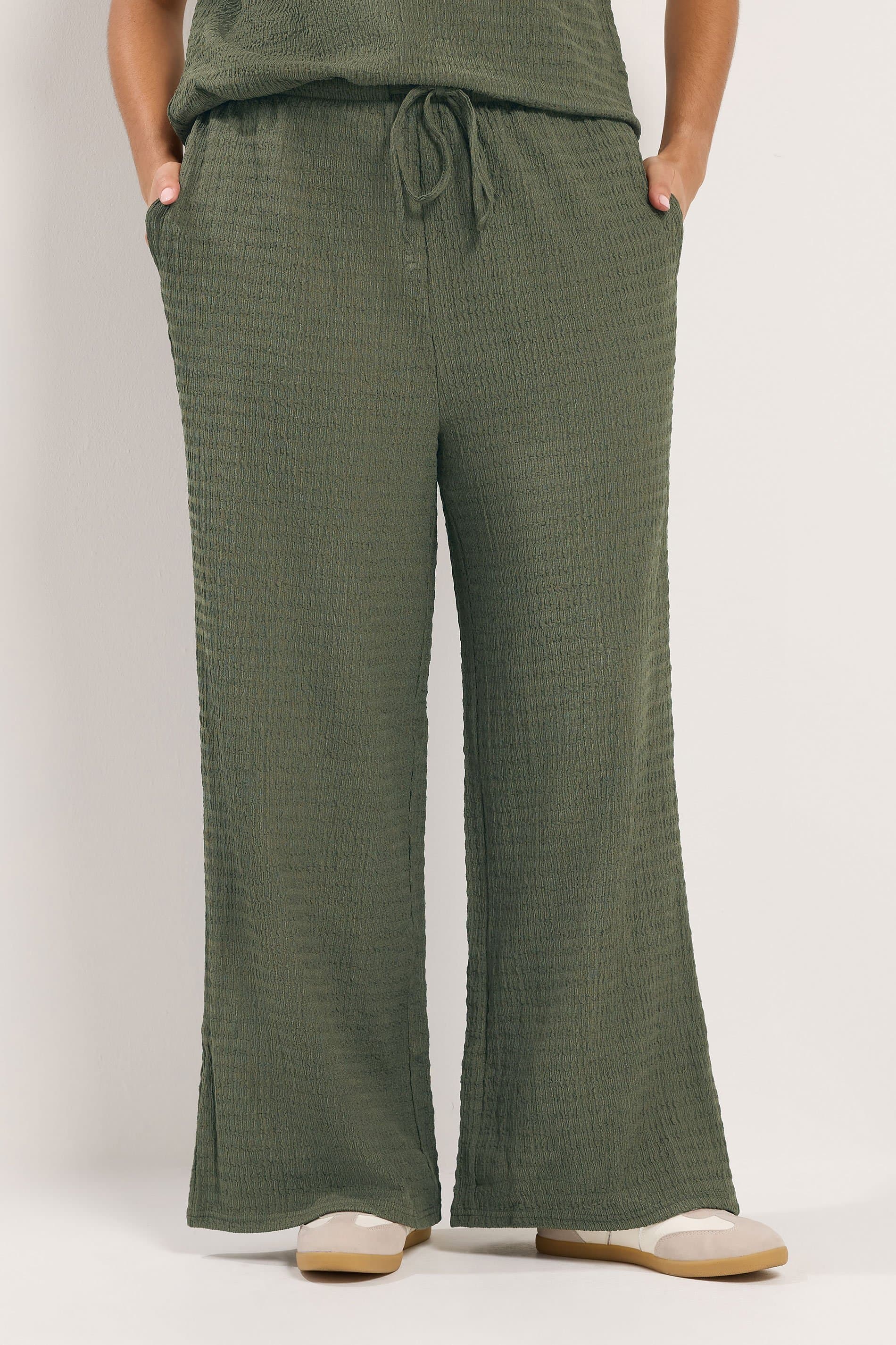 Yours Plus Size Khaki Green Wide Leg Crinkle Trousers