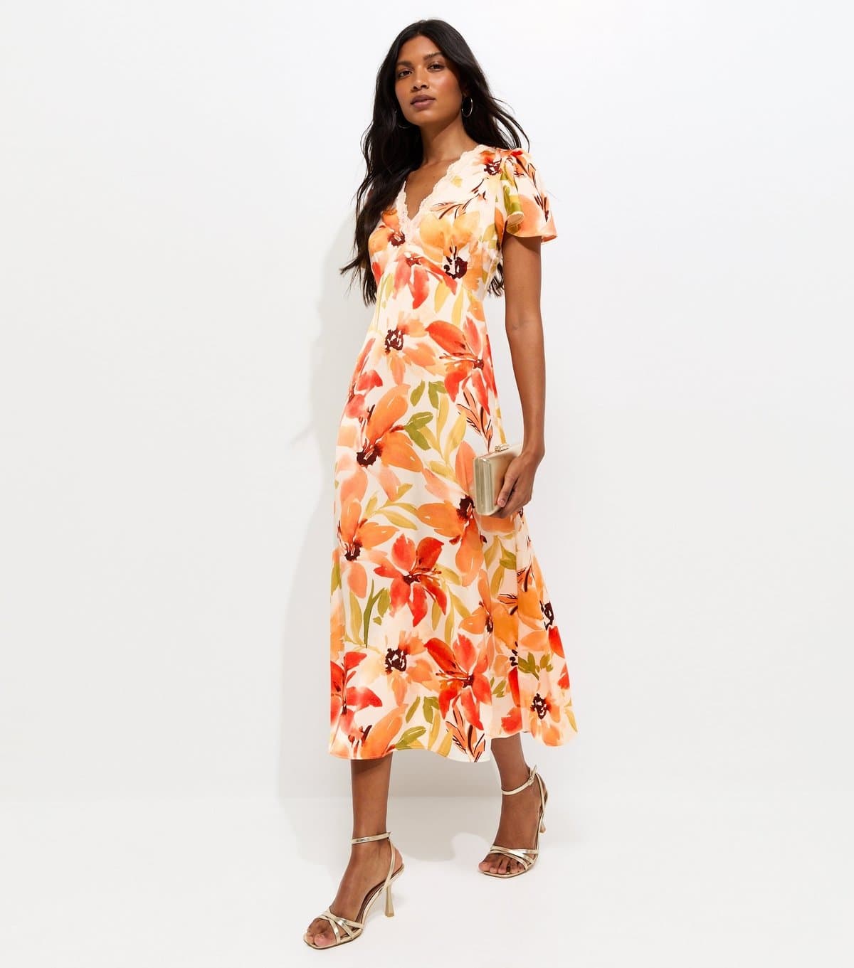 New Look Women's Orange Floral Watercolour Short Sleeve Midi Dress New Look