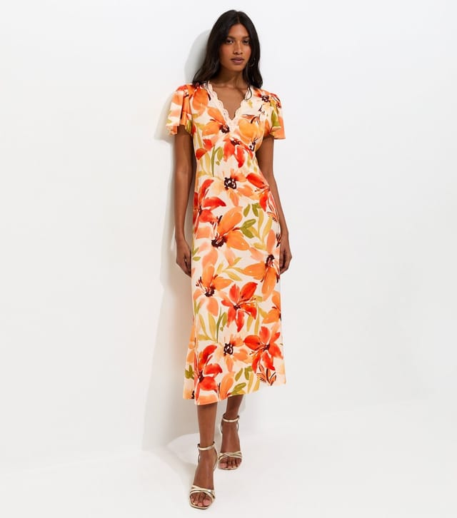 New Look Women's Orange Floral Watercolour Short Sleeve Midi Dress New Look - 3