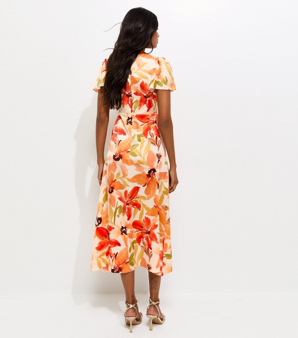 New Look Women's Orange Floral Watercolour Short Sleeve Midi Dress New Look - 4