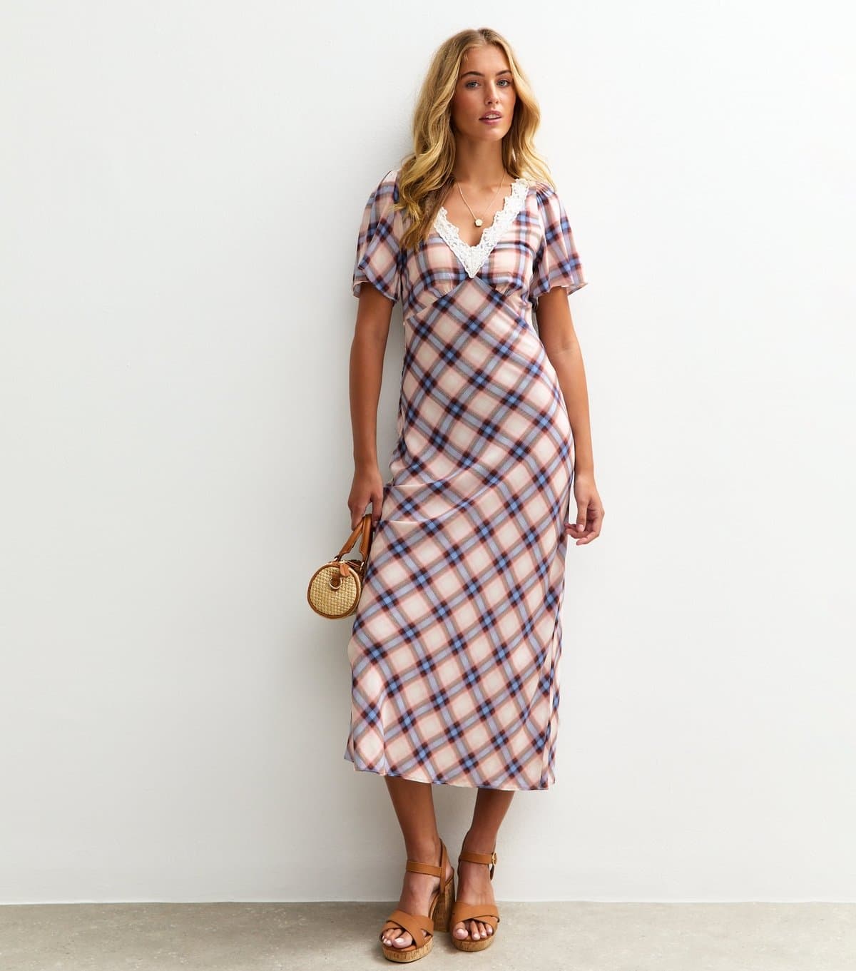 New Look Women's Tall Off White Checked Lace Trim Midi Dress New Look