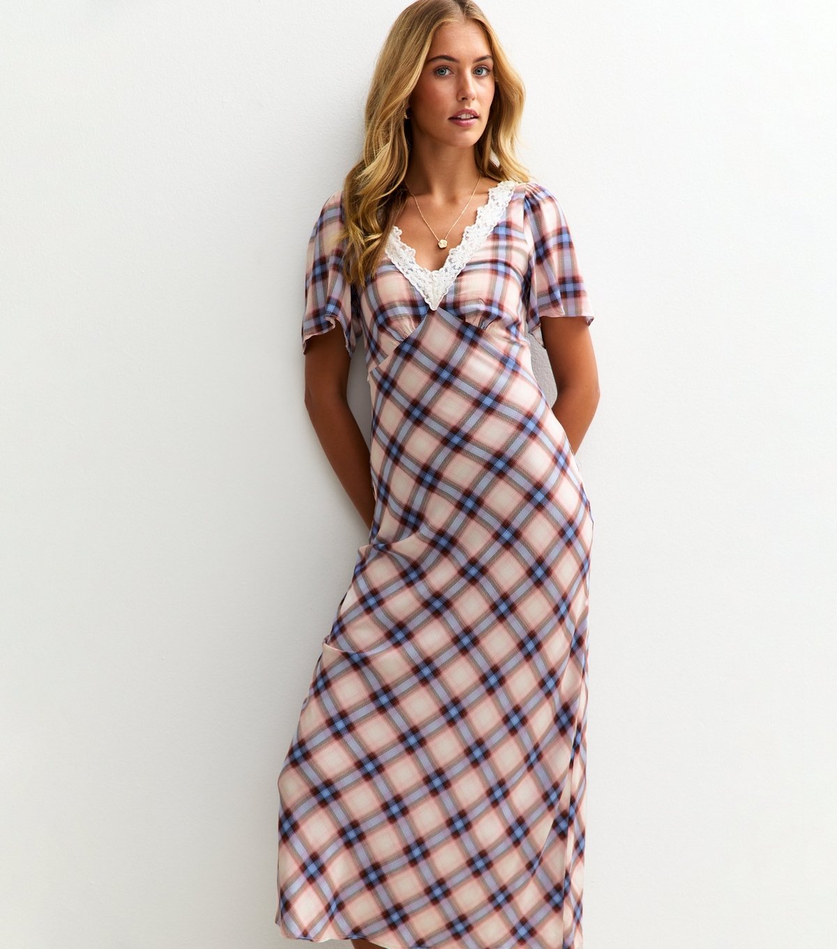 New Look Women's Tall Off White Checked Lace Trim Midi Dress New Look - 3