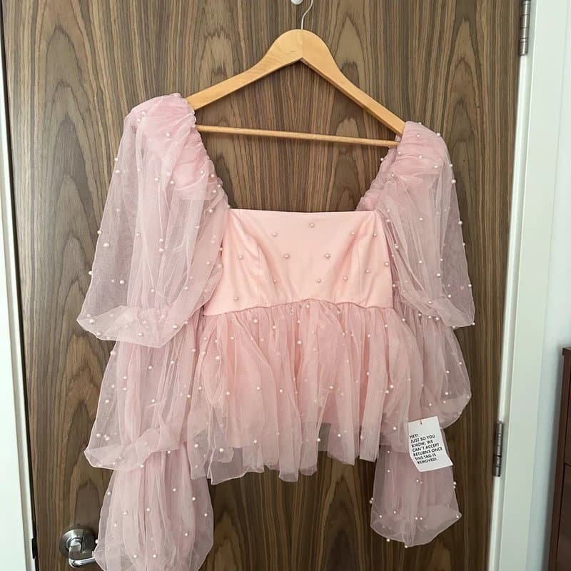 ASOS ASOS Luxe Pink Satin Tulle Babydoll Pearl Embellished Tiered Puff Sleeve Top 8