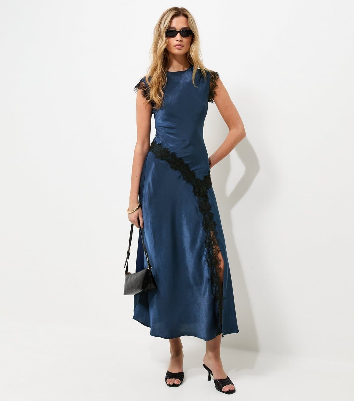 New Look Women's Tall Navy Satin Lace Trim Bias Cut Midi Dress New Look