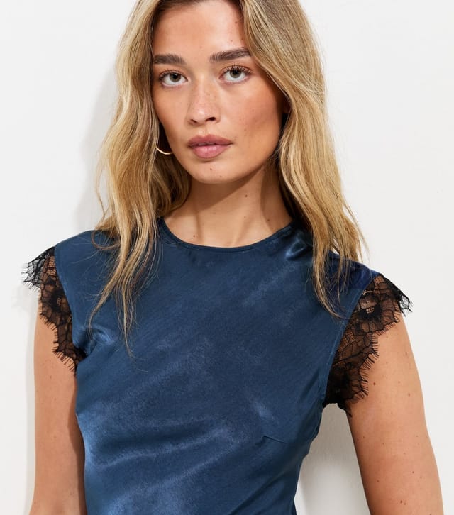 New Look Women's Tall Navy Satin Lace Trim Bias Cut Midi Dress New Look - 2