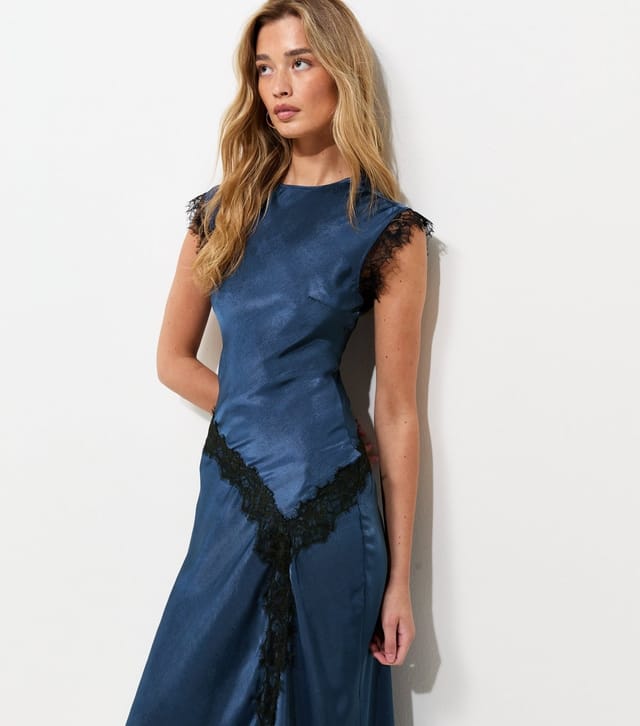 New Look Women's Tall Navy Satin Lace Trim Bias Cut Midi Dress New Look - 3
