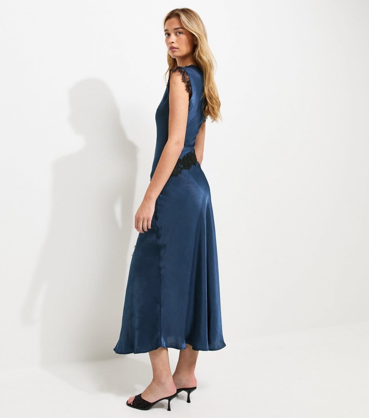 New Look Women's Tall Navy Satin Lace Trim Bias Cut Midi Dress New Look - 4