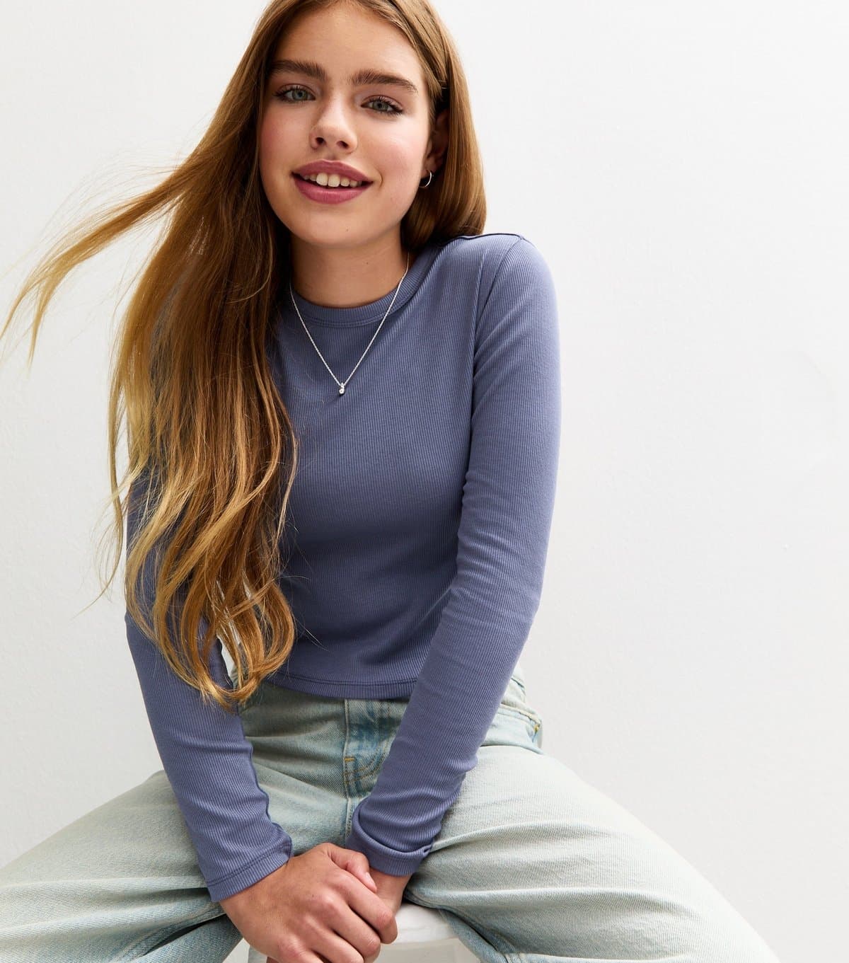 New Look Girls' Blue Ribbed Baby Tee Long Sleeve Top New Look