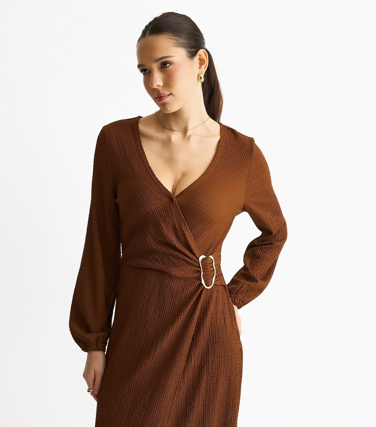 Gini London Women's Mid Brown Textured Wrap Midi Dress Gini London New Look - 2