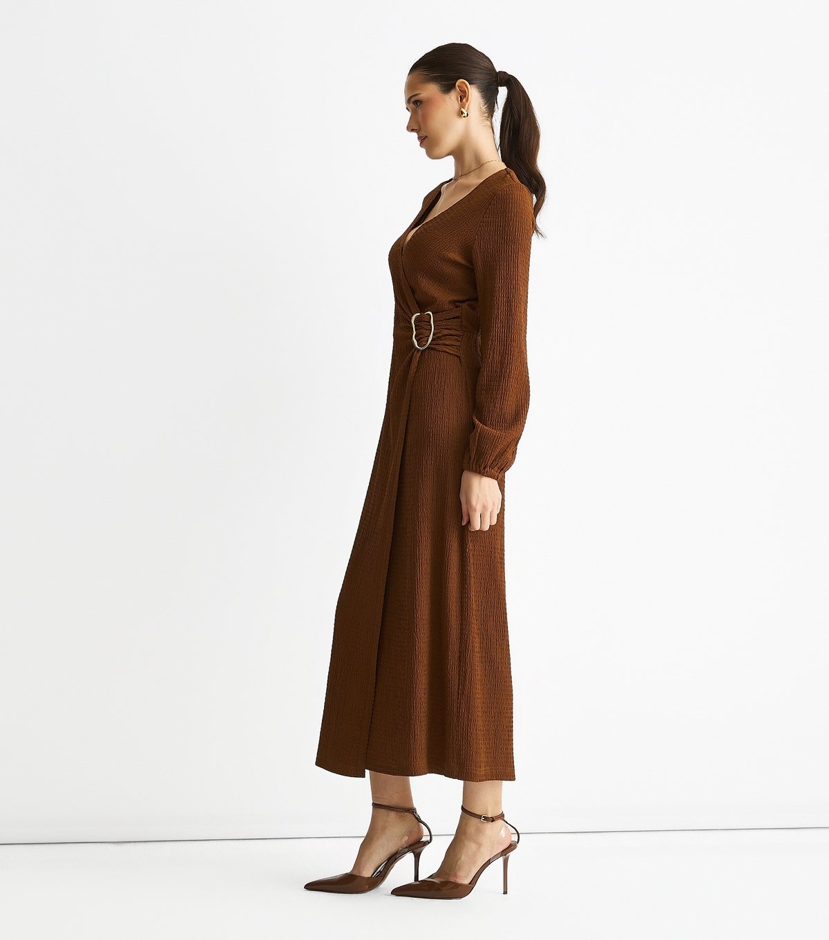 Gini London Women's Mid Brown Textured Wrap Midi Dress Gini London New Look - 3