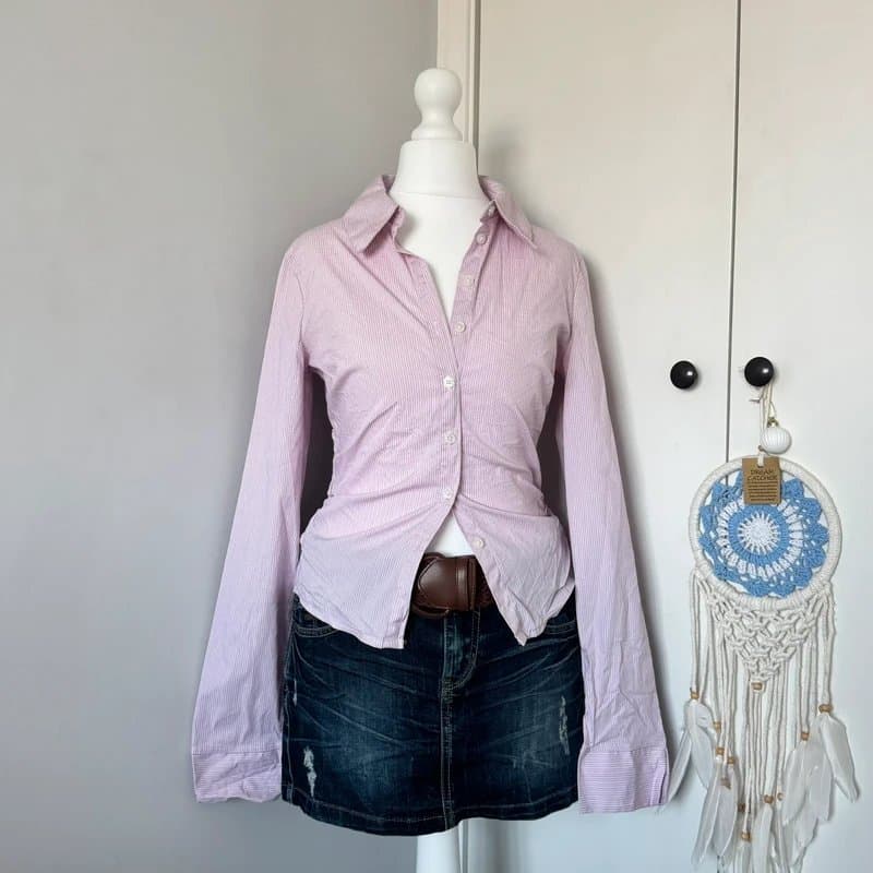 Bershka Bershka y2k pink pinstripe ruched button down fitted shirt