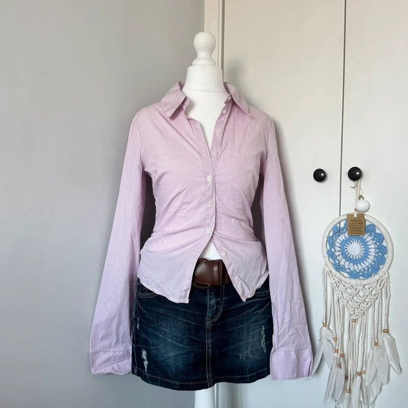 Bershka y2k pink pinstripe ruched button down fitted shirt