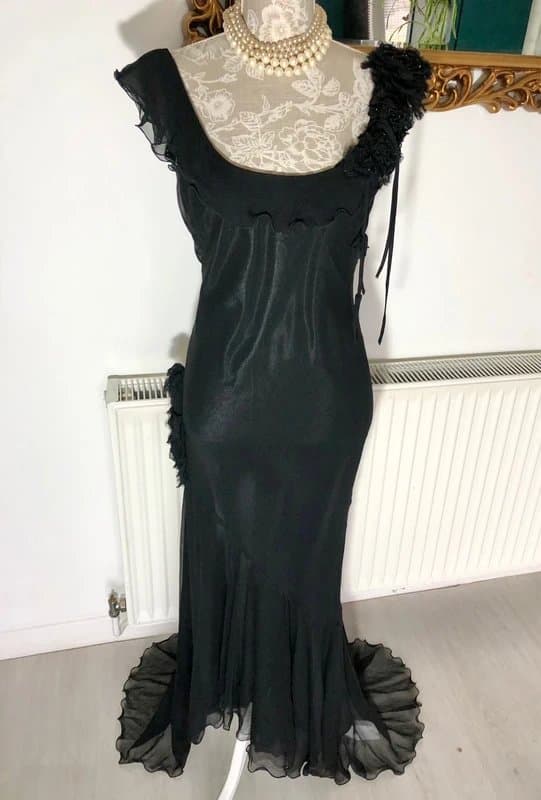 Anoushka G Vintage Y2K Silk 100% Whimsical Fairy Bias cut asymmetrical ruffled hem Black Evening Prom Dress