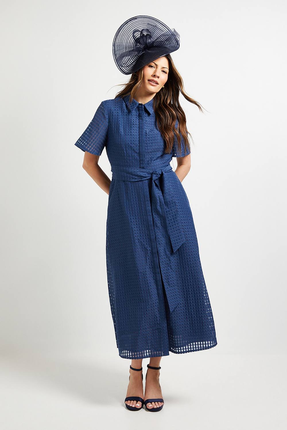 Wallis Wallis Women's Check Organza Belted Midi Shirt Dress in Navy - 2