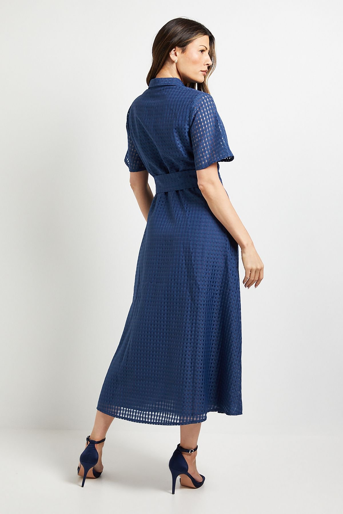 Wallis Wallis Women's Check Organza Belted Midi Shirt Dress in Navy - 3