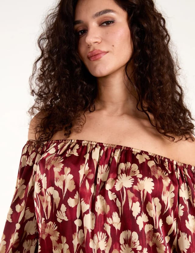 Blue Vanilla Floral Ruched Sleeve Bardot - 2