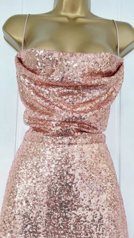 Coast COAST size 14 cream rose gold sequin cowl neck maxi dress evening occasion VGC