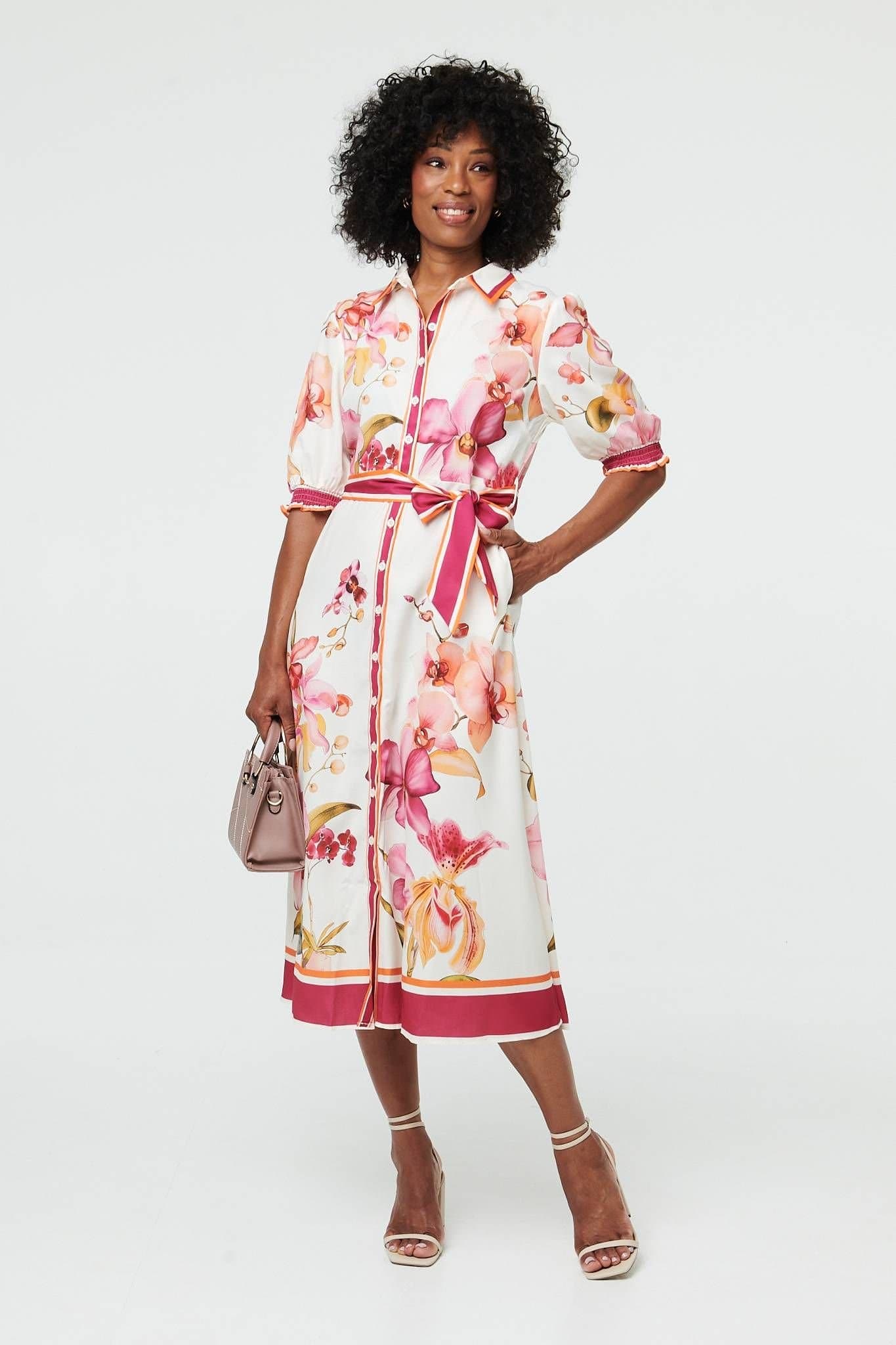 Izabel London Izabel London Women's Floral Tie Waist A-Line Midi Shirt Dress in White