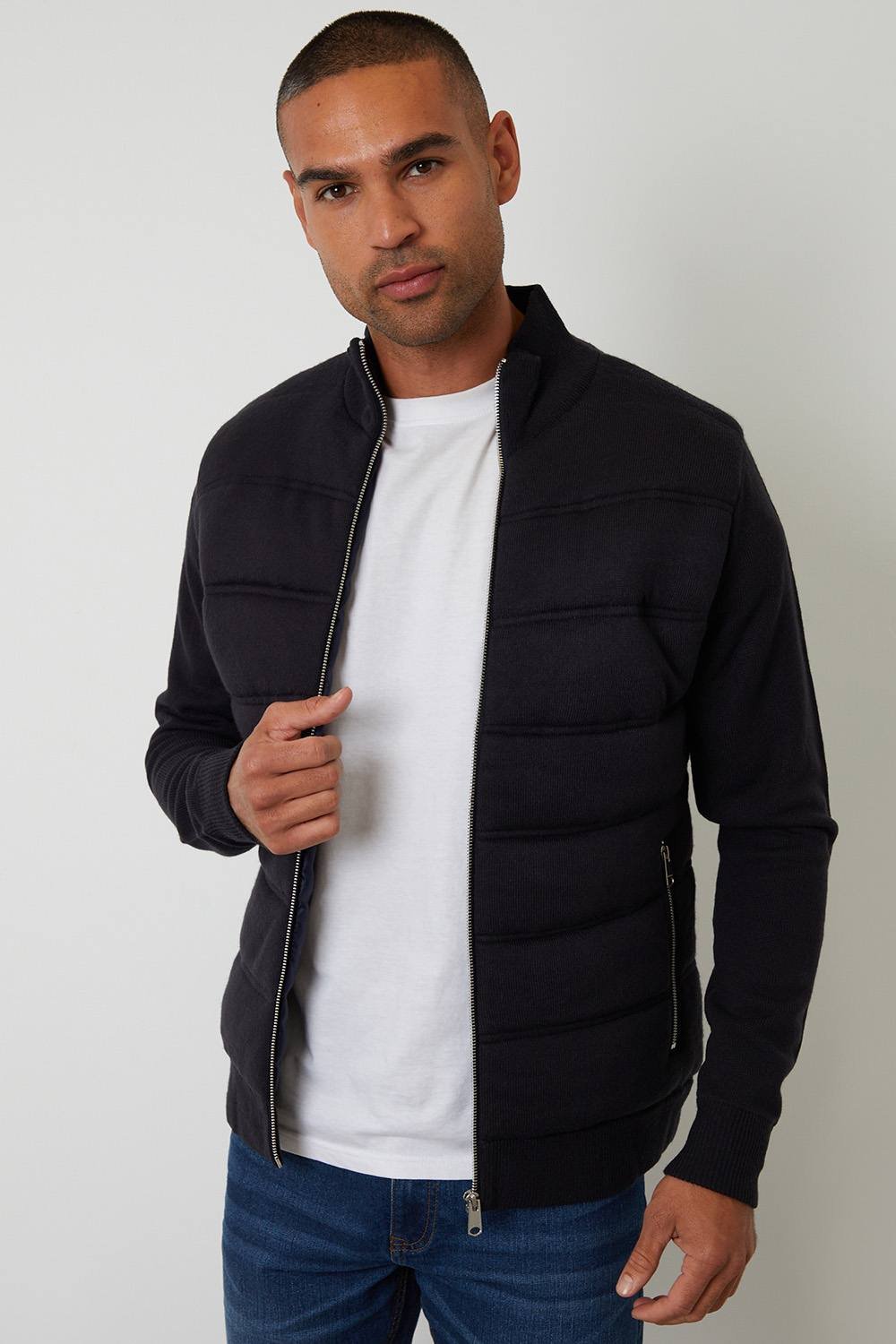 Threadbare Threadbare Men's Quilted Zip Up Knitted Jacket in Navy - 3