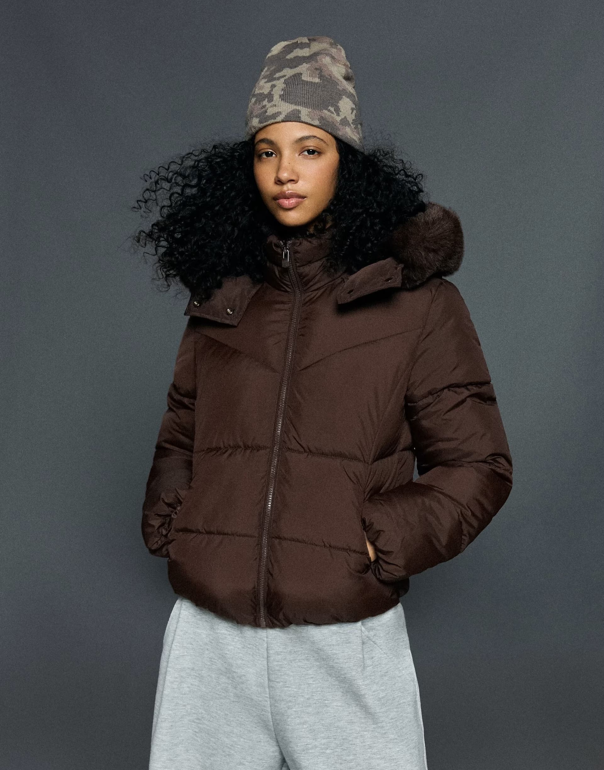 ASOS Bershka Padded jacket with fur hood in brown