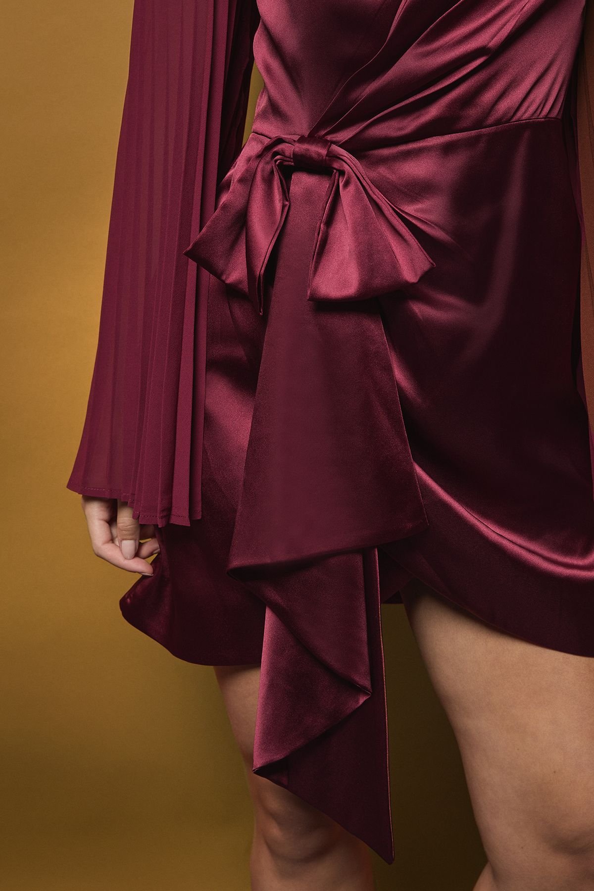 Coast Coast Women's Satin Pleated Flare Sleeve Wrap Mini Dress in Red - 4